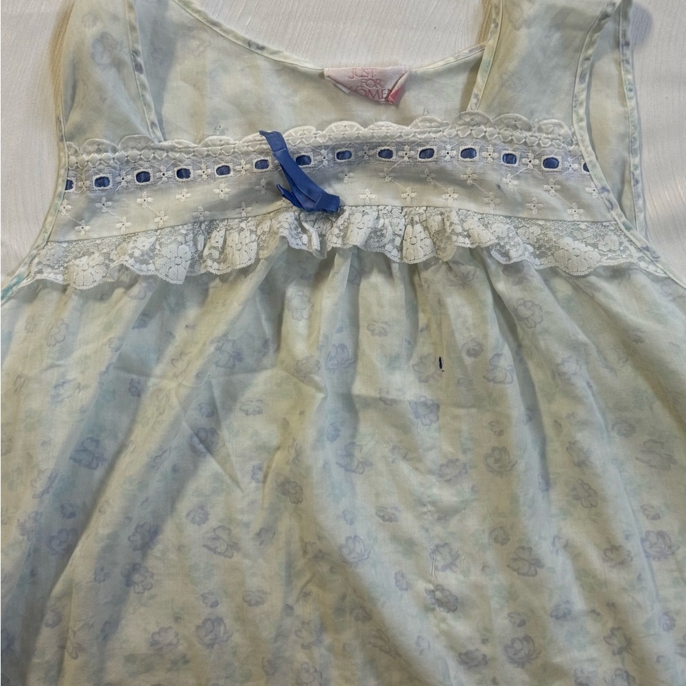 Vtg Just for Women Blue Floral Sheer Lace Nightgown Cottagecore Sleepwear 80’s